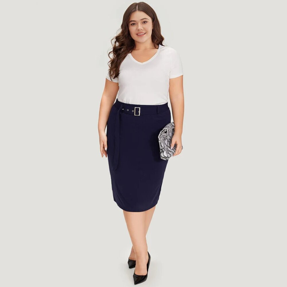 BloomChic Blue Plain Belted Split Hem Skinny Skirt - Picture 5 of 7